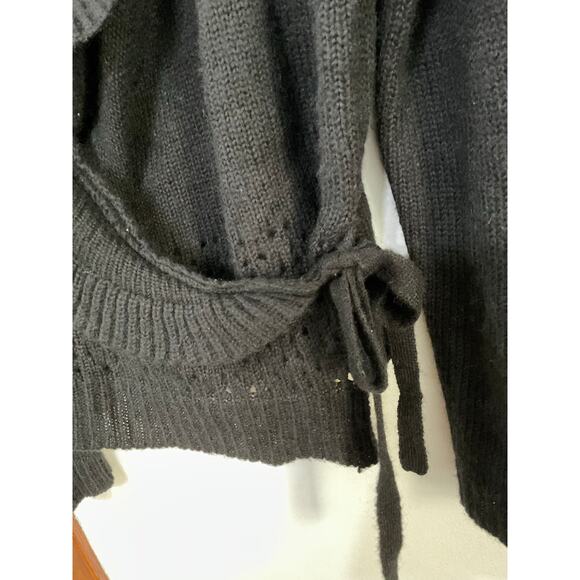 SARAH SPENCER Black Wool Blend Ruffle Front Cardigan Wrap Sweater Women's Large - Picture 5 of 6